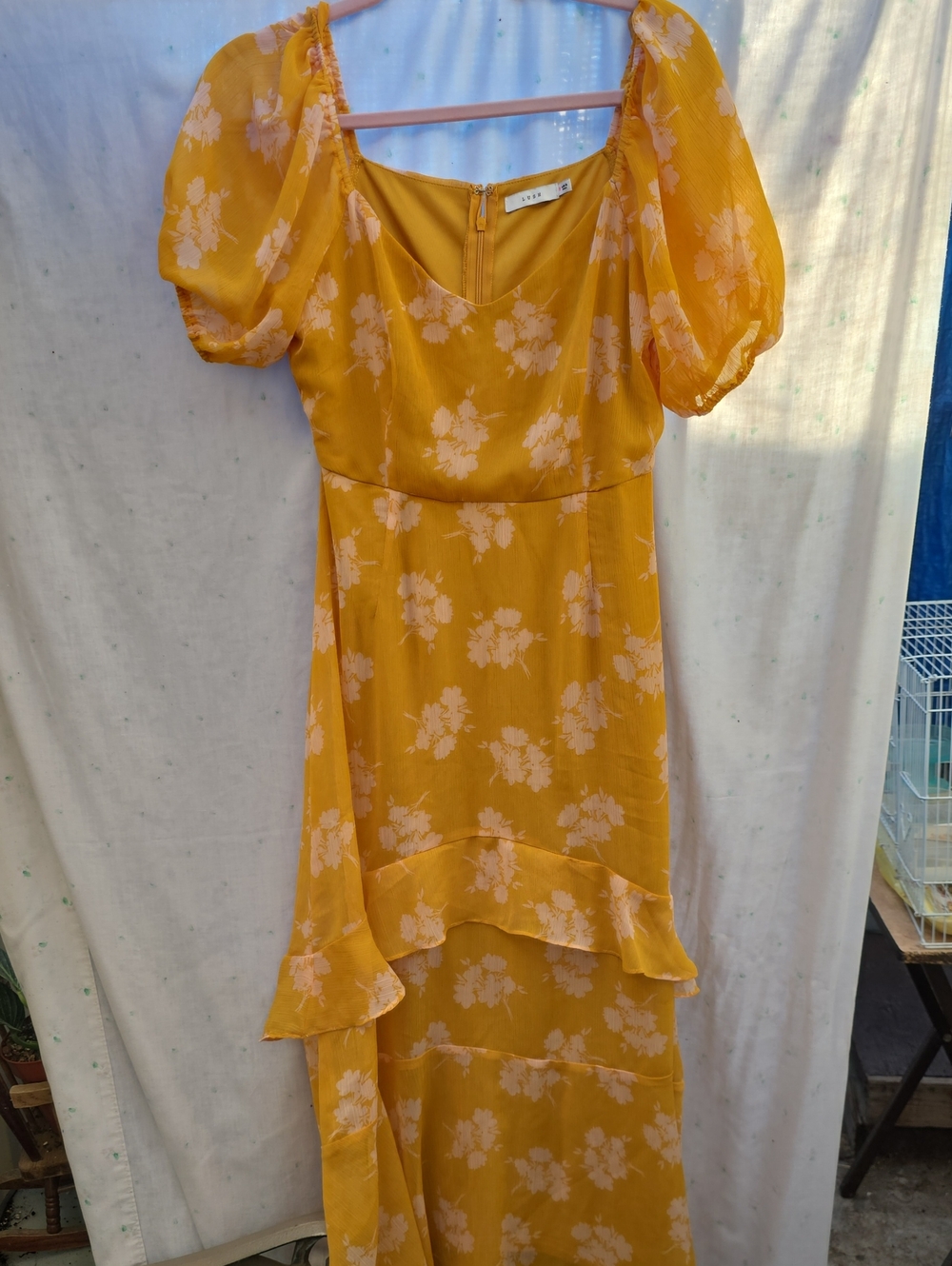 Yellow floral ruffle high low dress Lush size small